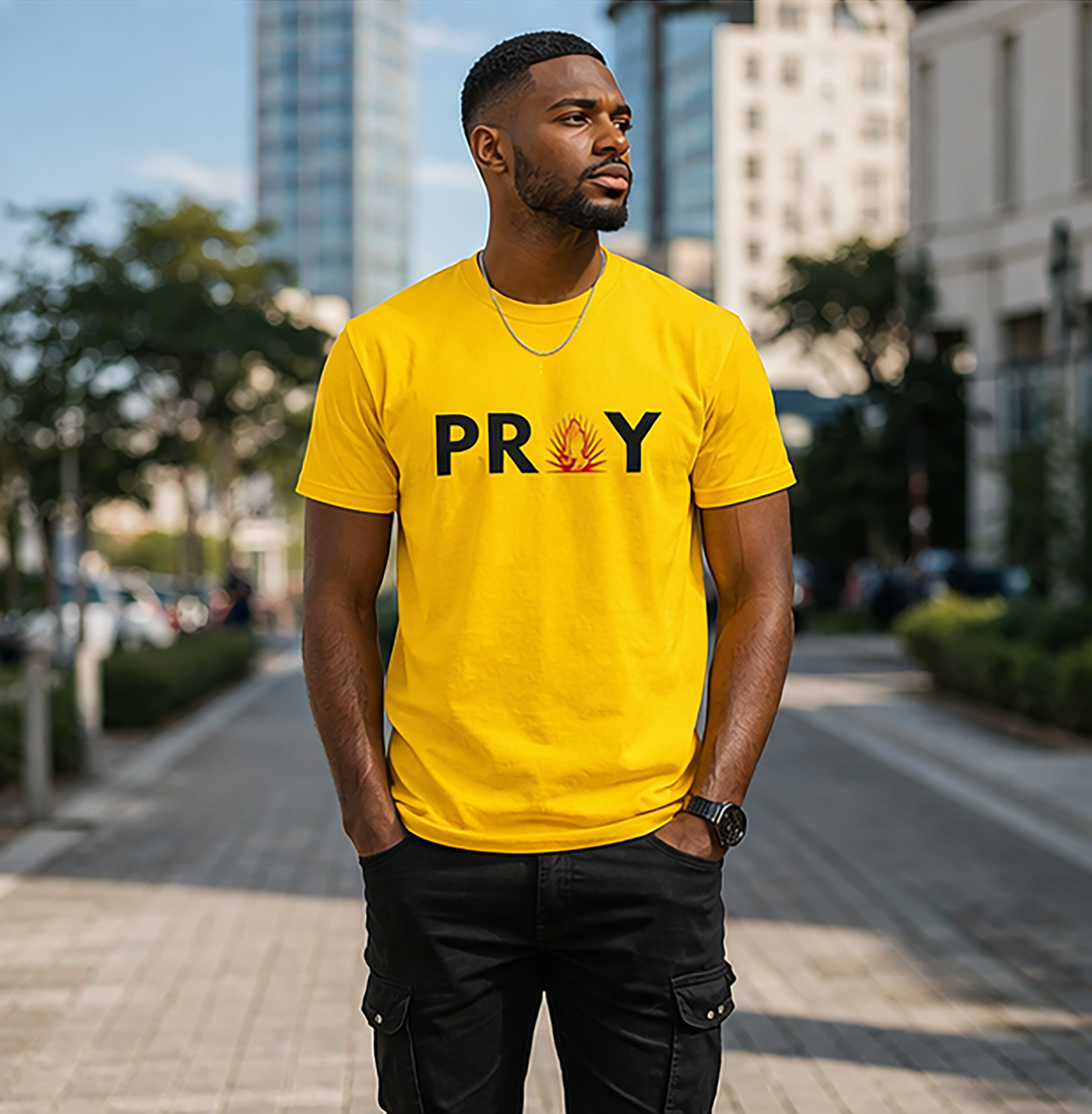 PRAY 2Men’s Christian Graphic T-Shirt – Pray 2.0 | Premium Cotton Streetwear | Yellow | Made in Ghana - Image 2