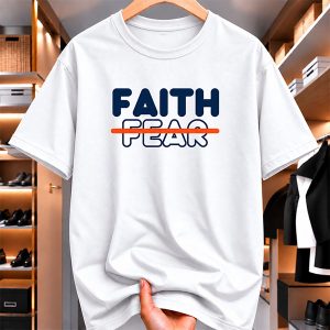 White Faith Fear T-shirt with navy lettering and orange strike-through design
