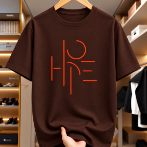 HOPE geometric graphic T-shirt in chocolate brown with orange artwork