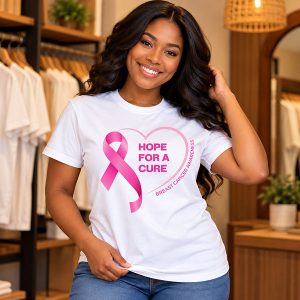 Woman wearing a white T-shirt with a pink ribbon, heart outline and Hope for a Cure breast cancer awareness message