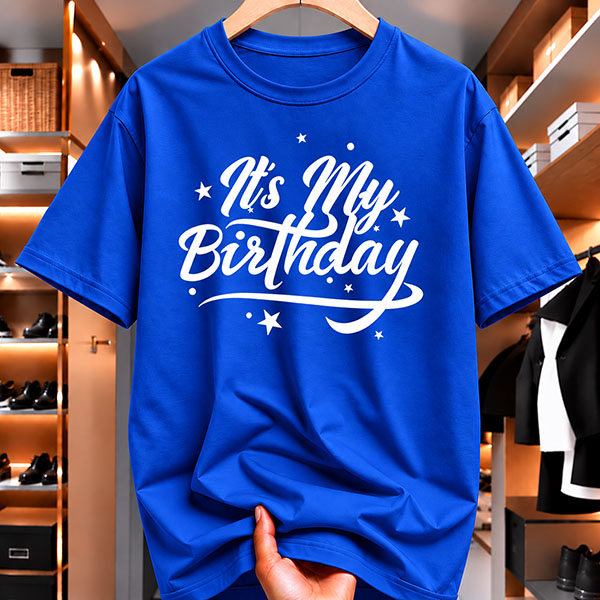 Blue It's My Birthday T-shirt featuring white script lettering, decorative flourishes, stars, and sparkles.