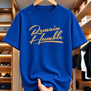 Blue Remain Humble T-shirt with gold script design