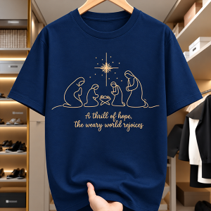 A Thrill of Hope Christian T-shirt in navy blue with Nativity illustration