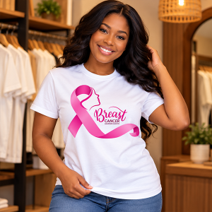 White breast cancer awareness T-shirt featuring a pink ribbon and feminine silhouette graphic